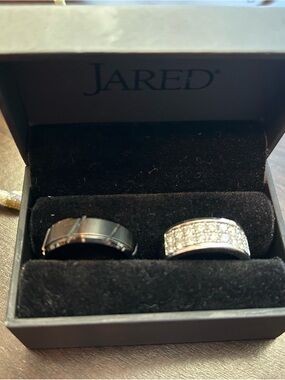 Red Men's Black and Silver Two-Piece Ring Set with Pavé Crystals